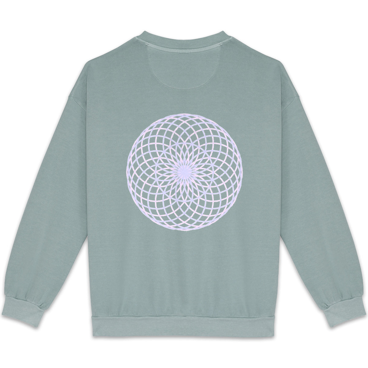 green sweatshirt with pink sacred geometry dream catcher print on the back