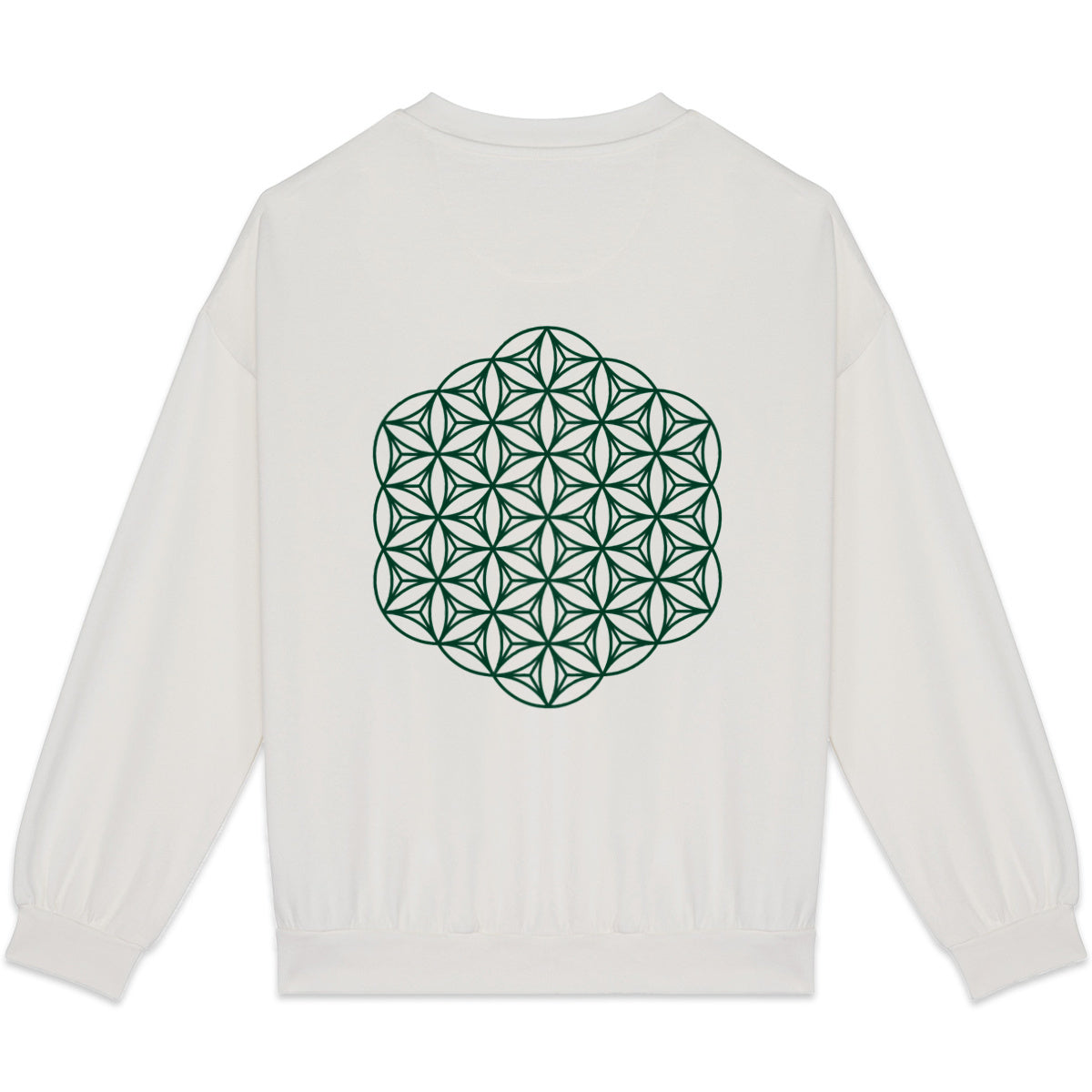 white sweatshirt with green sacred geometry print on the back