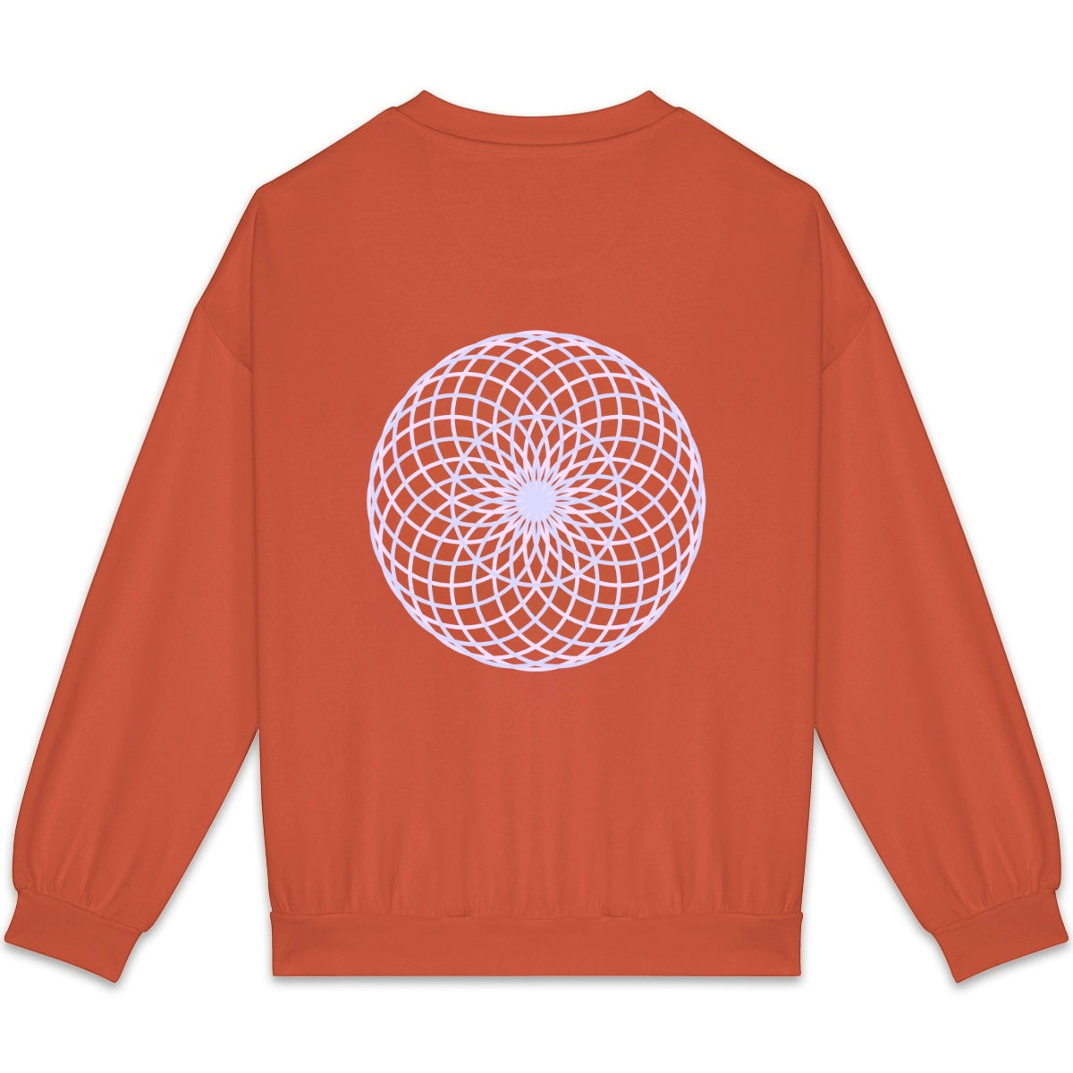 Orange sweatshirt with a pink geometric pattern on the back against a white background