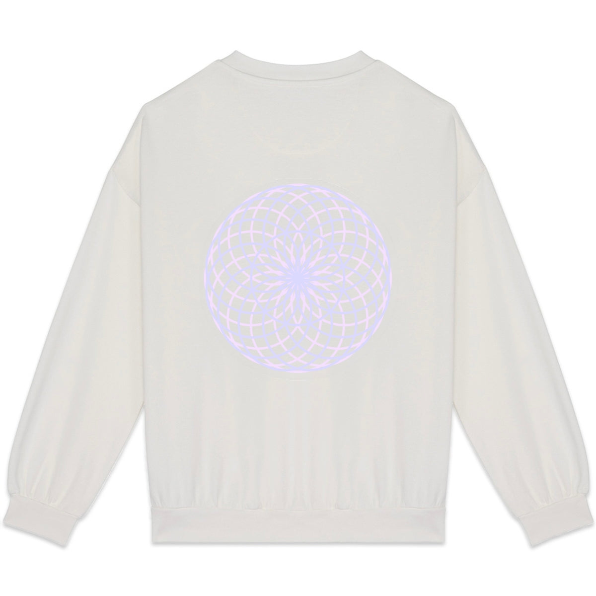 White sweater with a colorful circular design on the back against a white background