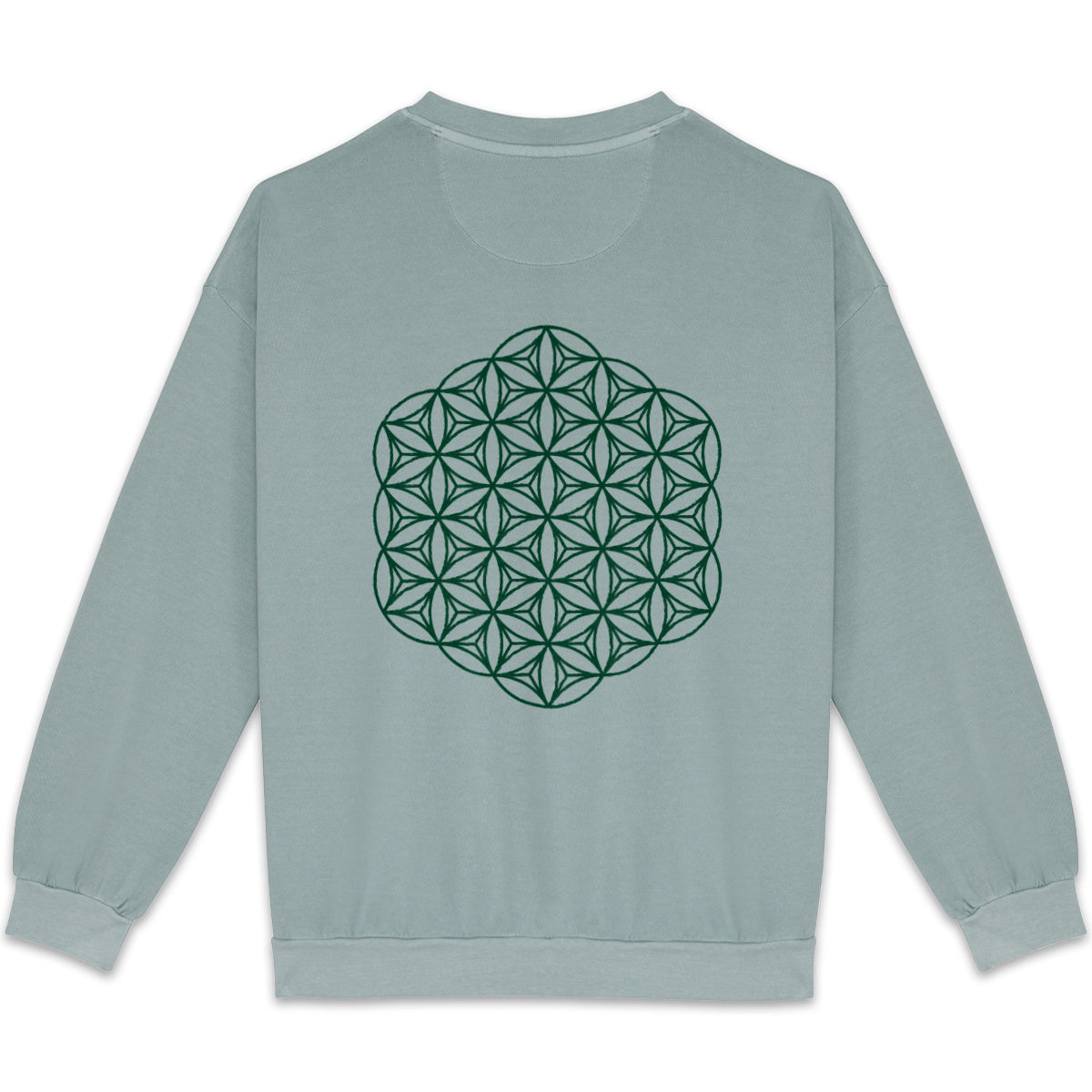 light green sweatshirt with green sacred geometry print on the back