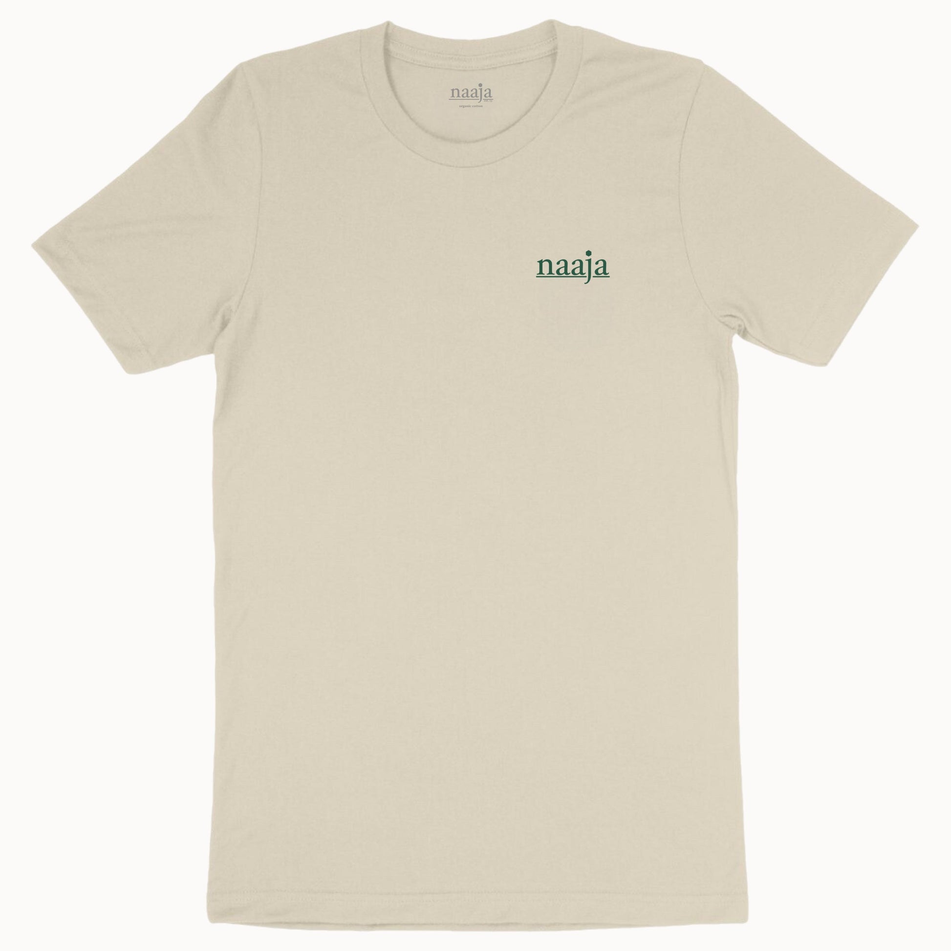 100% organic cotton light beige yellow natural raw tee t-shirt men women unisex sacred geometry line art design naaja hexagon green print