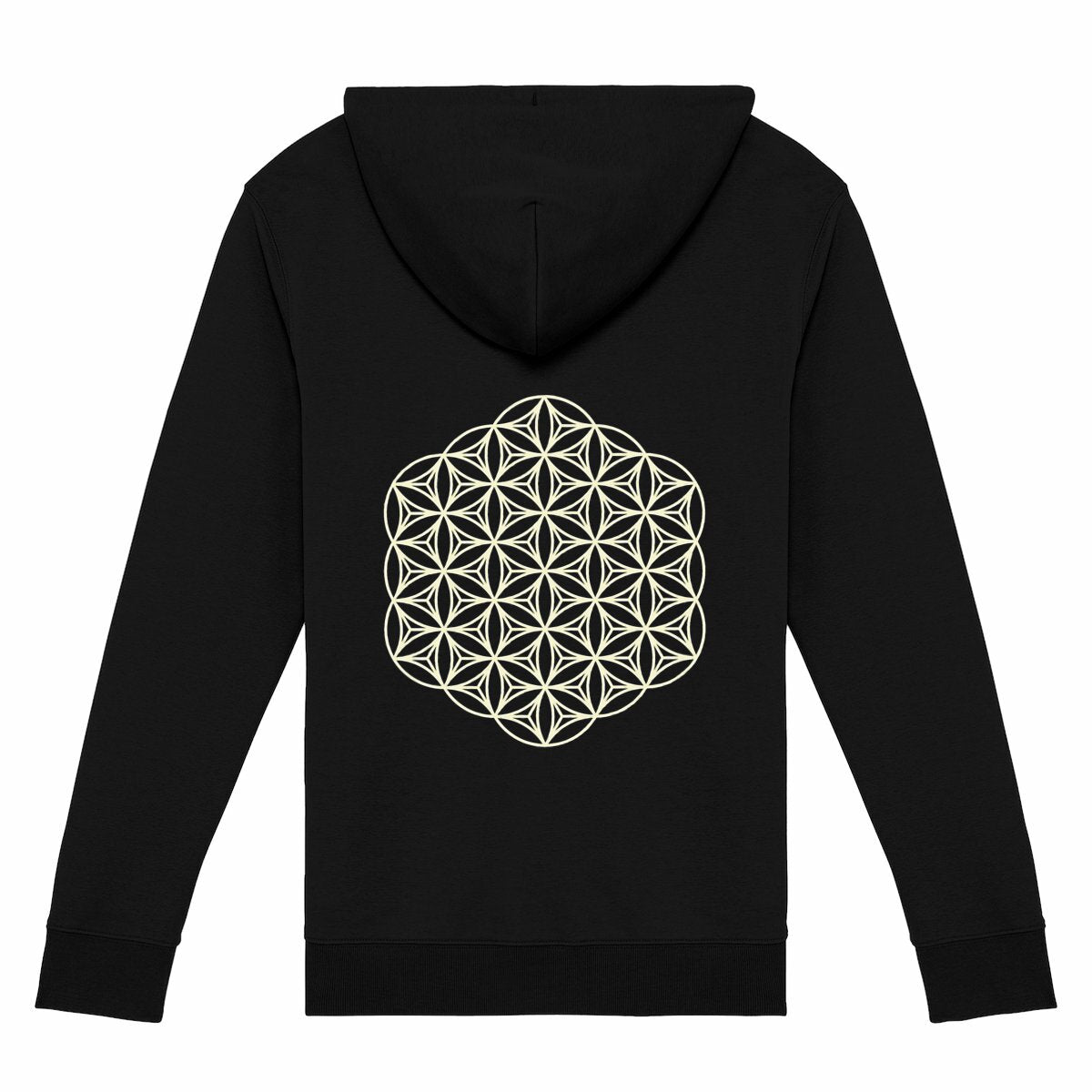 Soft Organic cotton zip hoodie eco friendly sustainable fashion softest clothing wear softest zip hoodies jumper dark colour jet black midnight dusk charcoal plain front back print sacred geometry back print design mandala back print design art