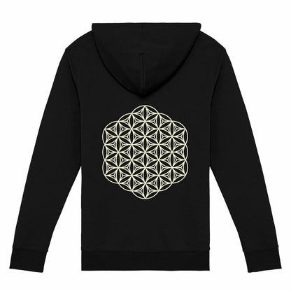 Soft Organic cotton zip hoodie eco friendly sustainable fashion softest clothing wear softest zip hoodies jumper dark colour jet black midnight dusk charcoal plain front back print sacred geometry back print design mandala back print design art