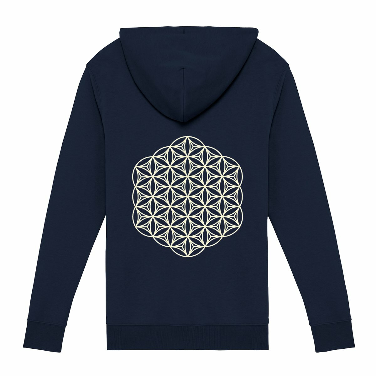 Soft Organic cotton zip hoodie eco friendly sustainable fashion softest clothing wear softest zip hoodies jumper dark navy blue twilight midnight dusk sacred geometry back print design mandala back print design art