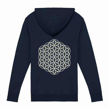 Soft Organic cotton zip hoodie eco friendly sustainable fashion softest clothing wear softest zip hoodies jumper dark navy blue twilight midnight dusk sacred geometry back print design mandala back print design art