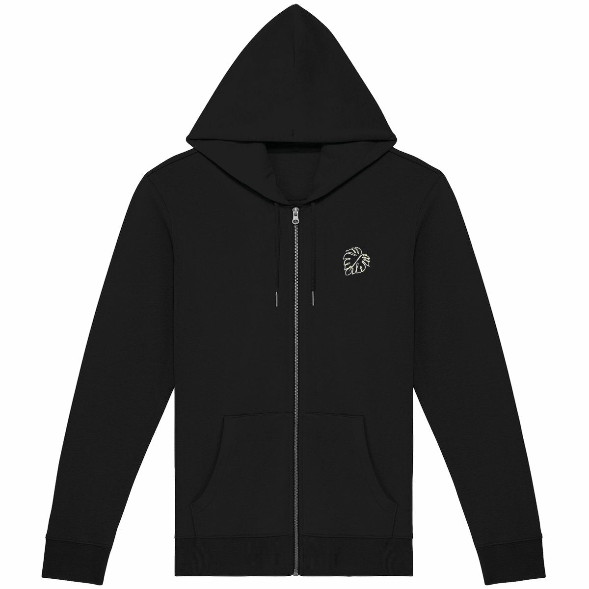 Soft Organic cotton zip hoodie sustainable eco friendly fashion clothing wear softest zip hoodies black jumper dark twilight midnight dusk plain front monstera print hoodie monstera leaf zip hoodie naaja