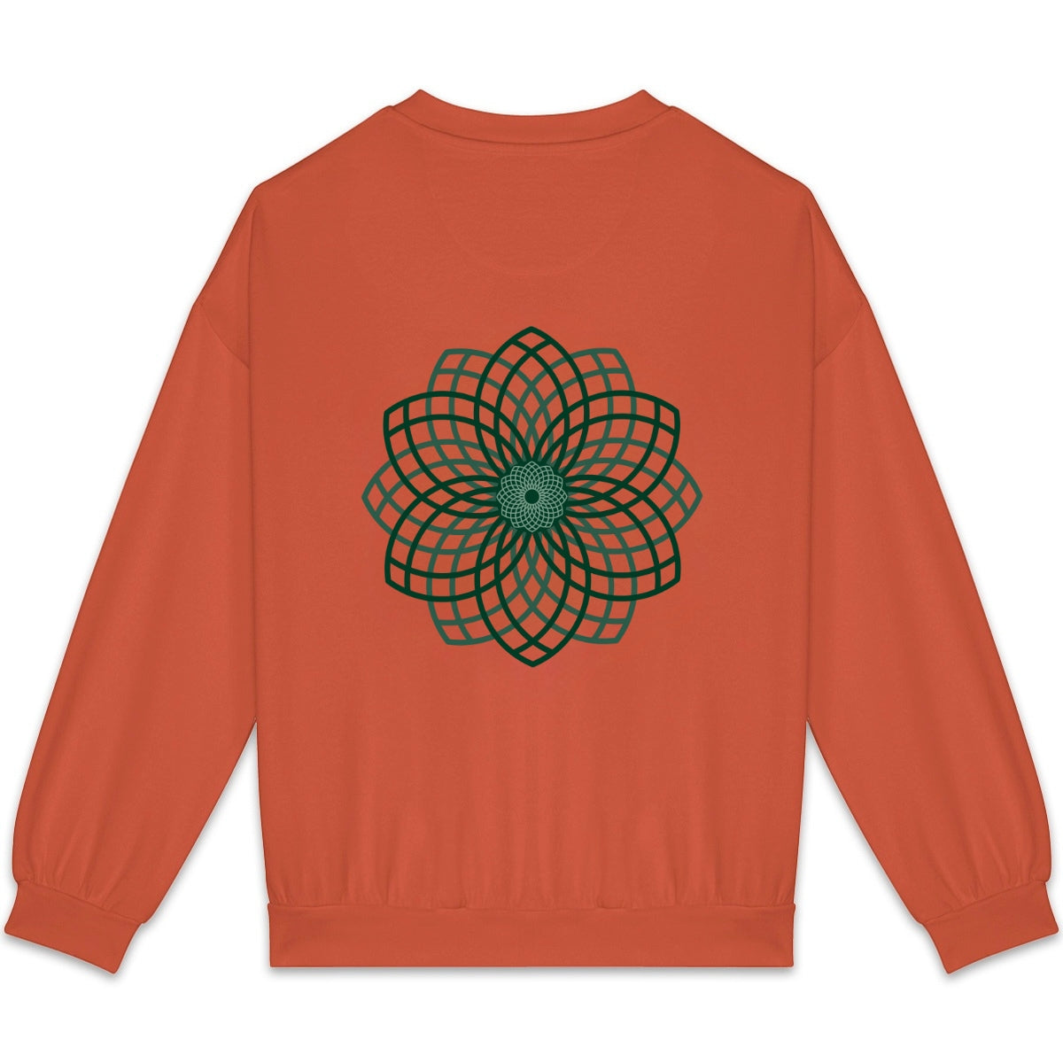 Orange sweatshirt with a green geometric design on the back against a white background