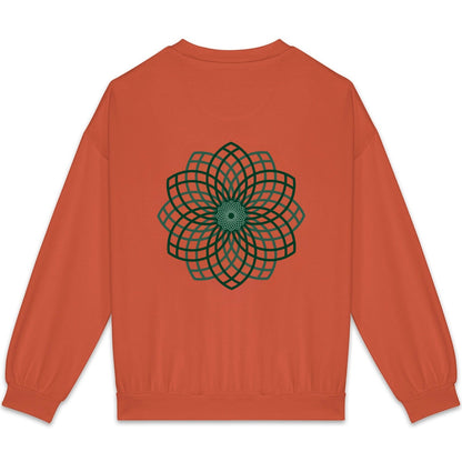 Orange sweatshirt with a green geometric design on the back against a white background