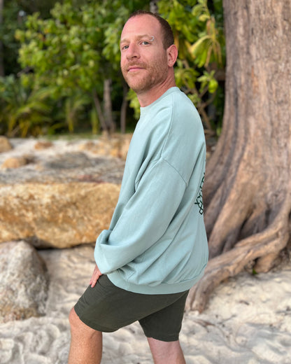 Man wearing a light blue sweatshirt and dark shorts standing on a rocky beach with trees in the background.