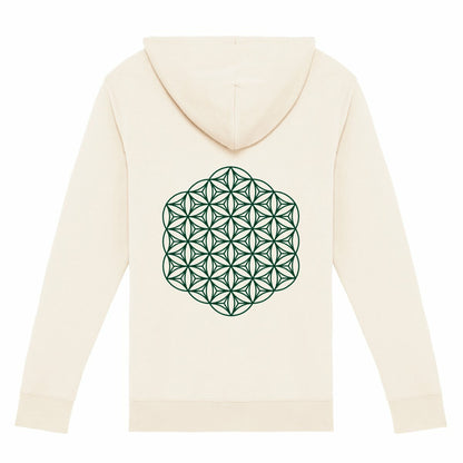 Soft Organic cotton zip hoodie eco friendly sustainable fashion softest clothing wear softest zip hoodies jumper vanilla off white beige cream ivory plain front mandala art back print sacred geometry back print design