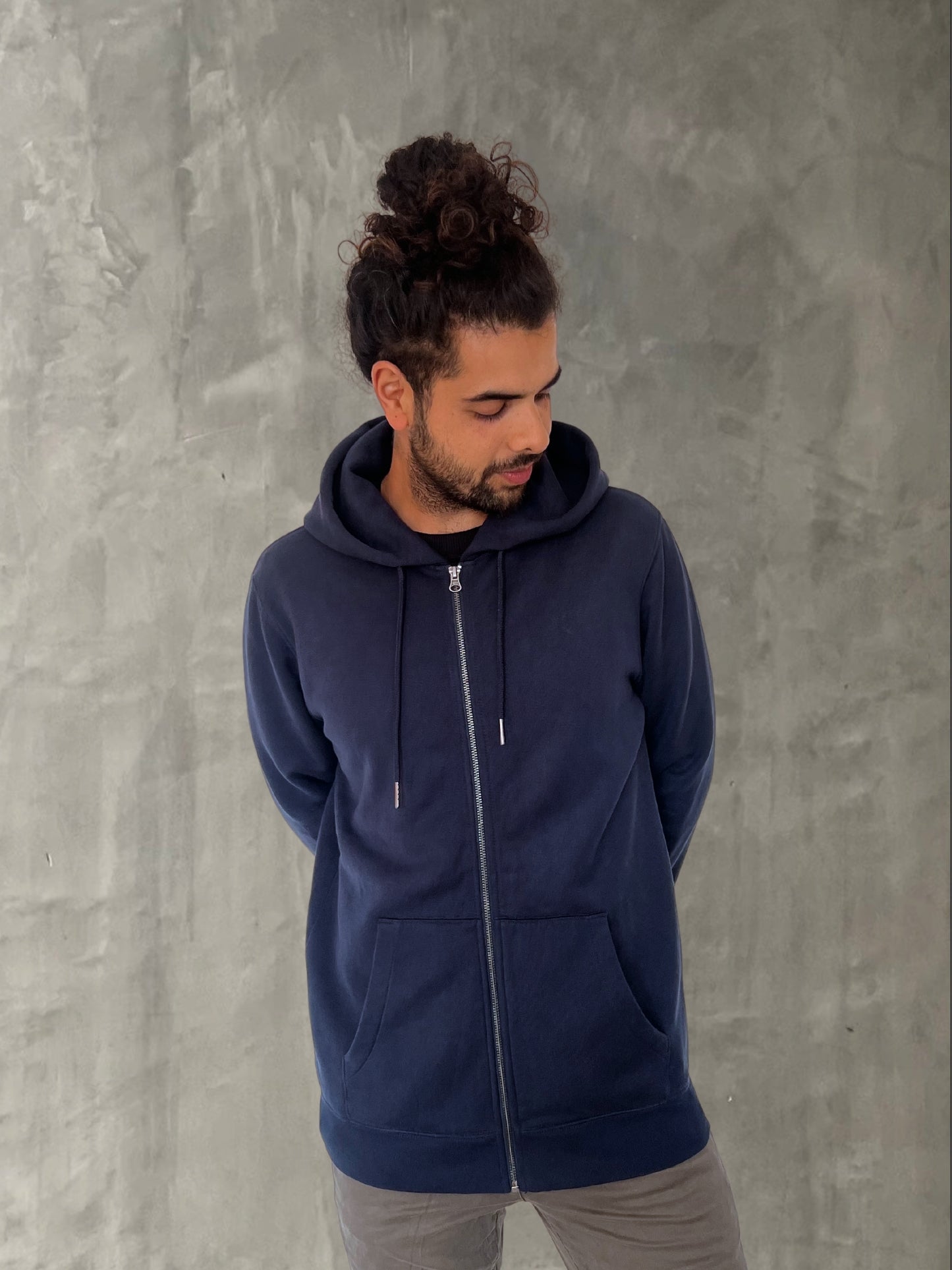 Soft Organic cotton zip hoodie eco friendly sustainable fashion softest clothing wear softest zip hoodies jumper dark navy blue twilight midnight dusk plain front