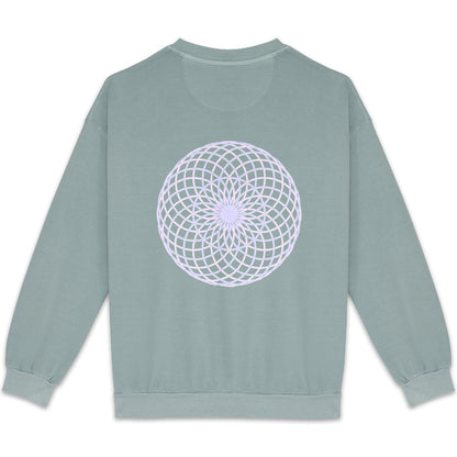 green sweatshirt with pink sacred geometry dream catcher print on the back