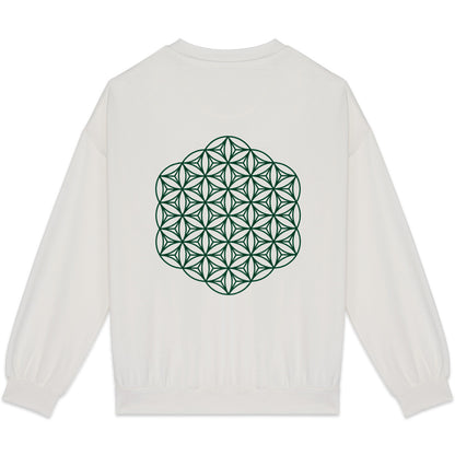 white sweatshirt with green sacred geometry print on the back