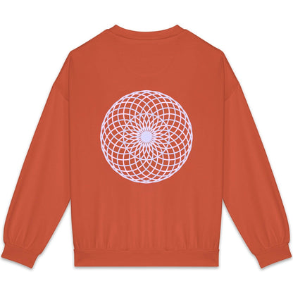 Orange sweatshirt with a pink geometric pattern on the back against a white background