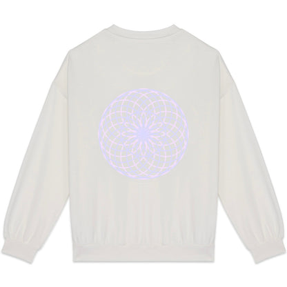 White sweater with a colorful circular design on the back against a white background