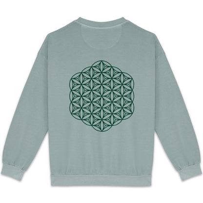 light green sweatshirt with green sacred geometry print on the back