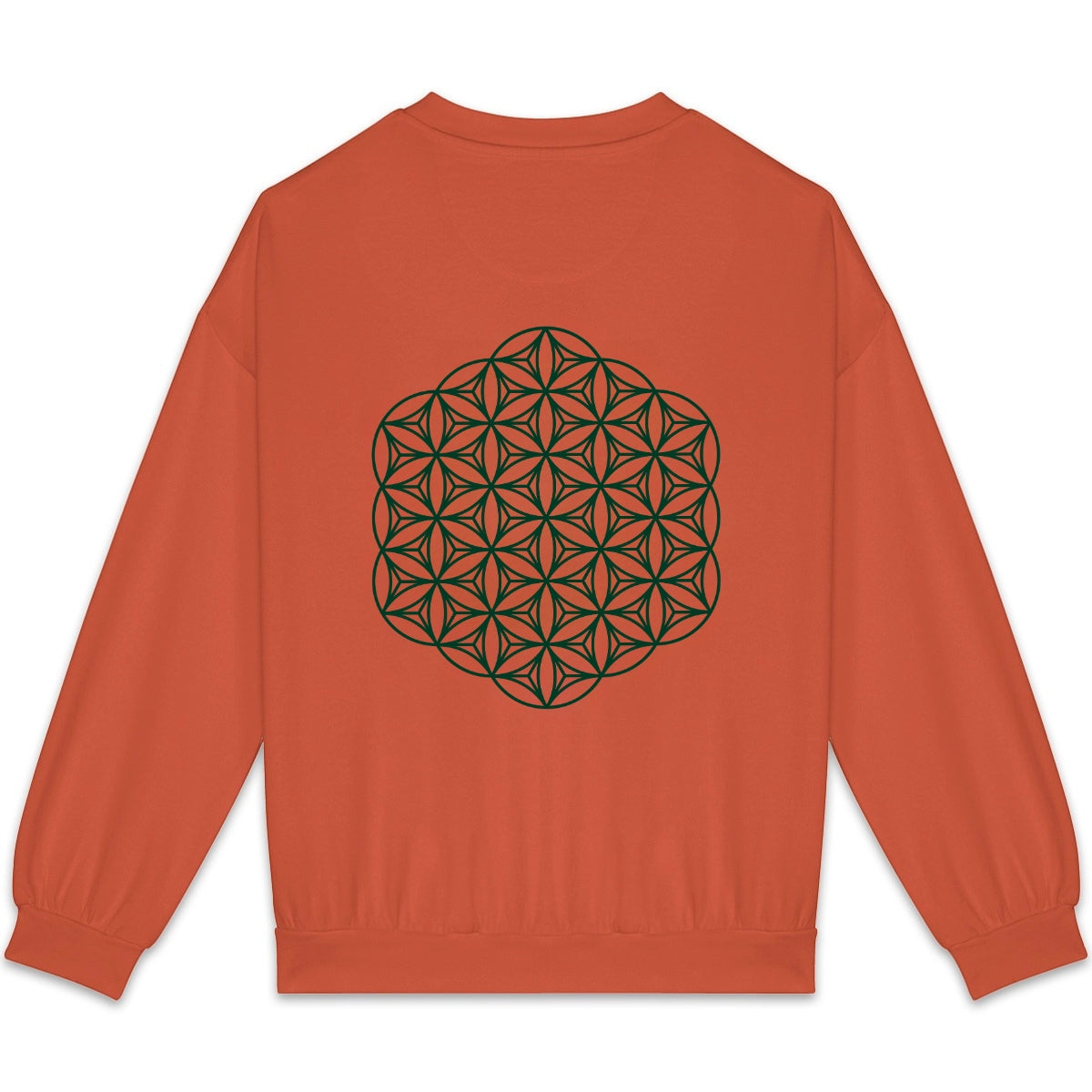 Orange sweatshirt with a green geometric design on the back against a white background