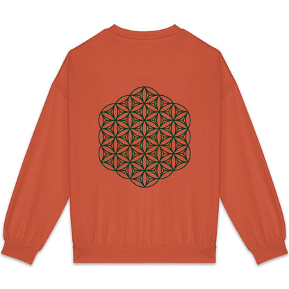 Orange sweatshirt with a green geometric design on the back against a white background